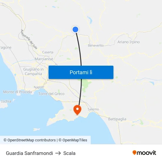 Guardia Sanframondi to Scala map