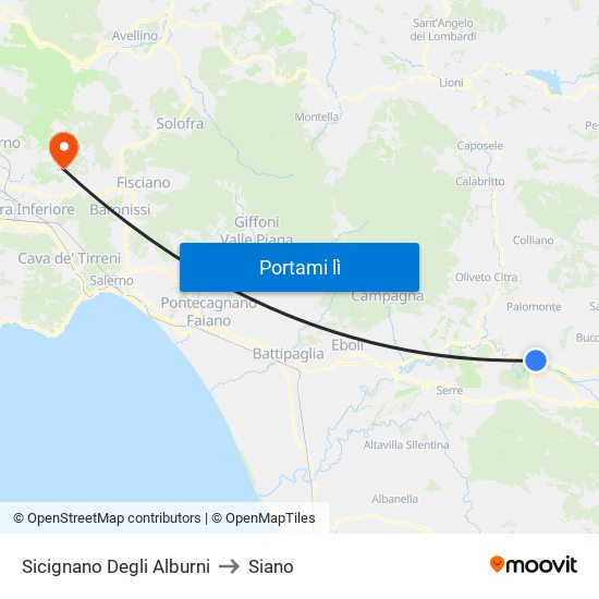 Sicignano Degli Alburni to Siano map