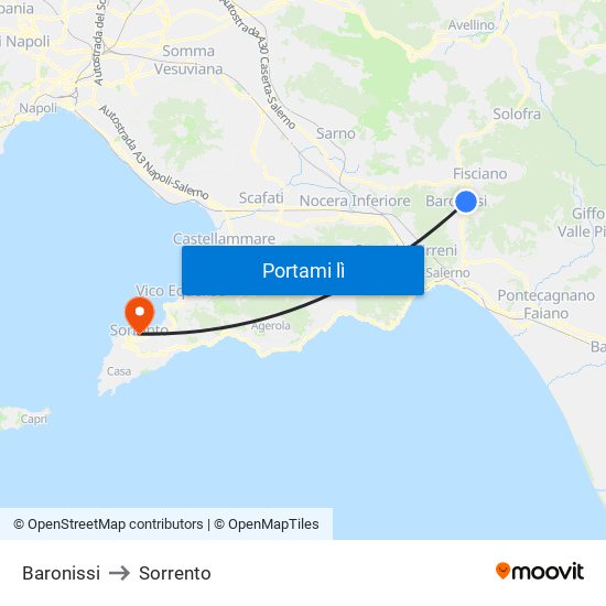 Baronissi to Sorrento map