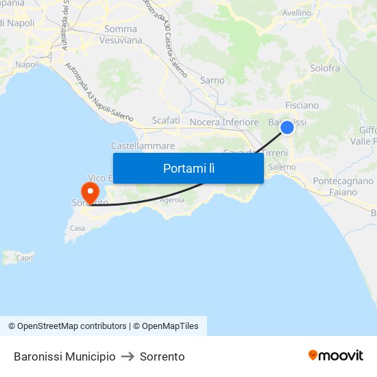 Baronissi Municipio to Sorrento map