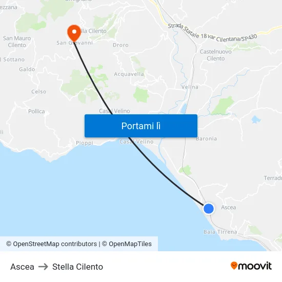 Ascea to Stella Cilento map