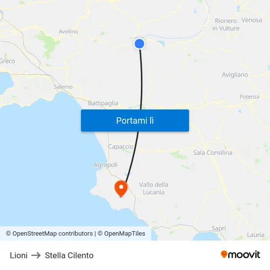 Lioni to Stella Cilento map