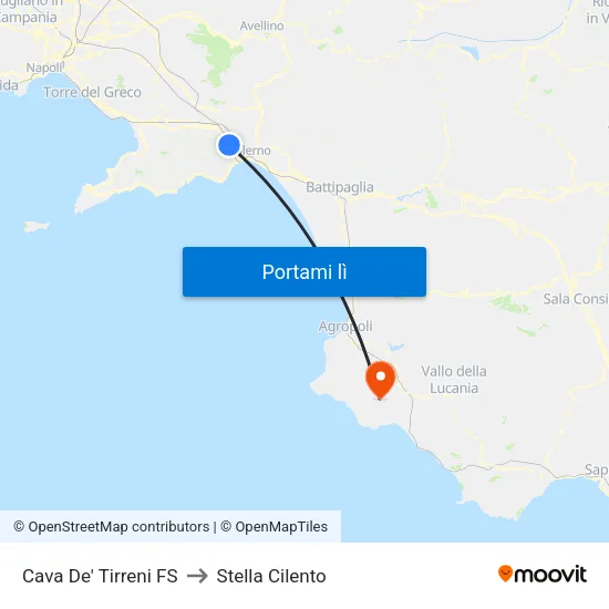 Cava De' Tirreni FS to Stella Cilento map