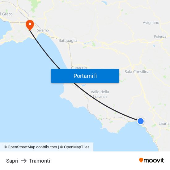 Sapri to Tramonti map