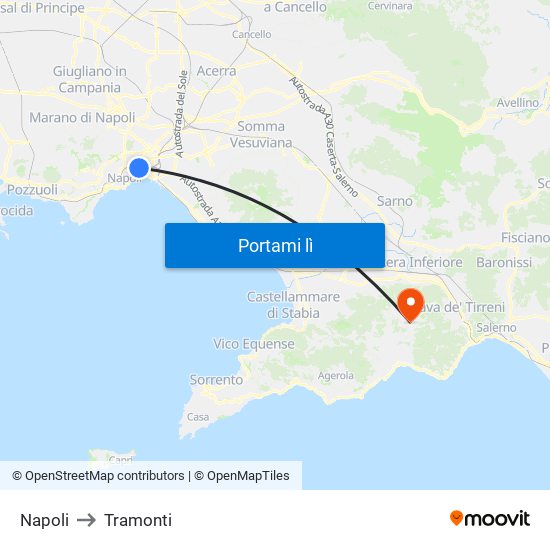 Napoli to Tramonti map