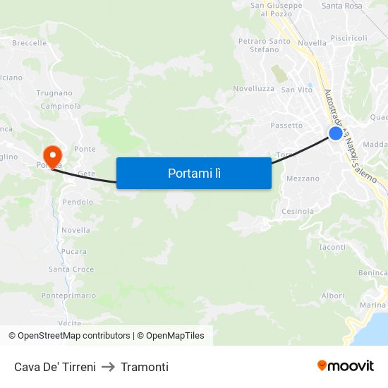 Cava De' Tirreni to Tramonti map