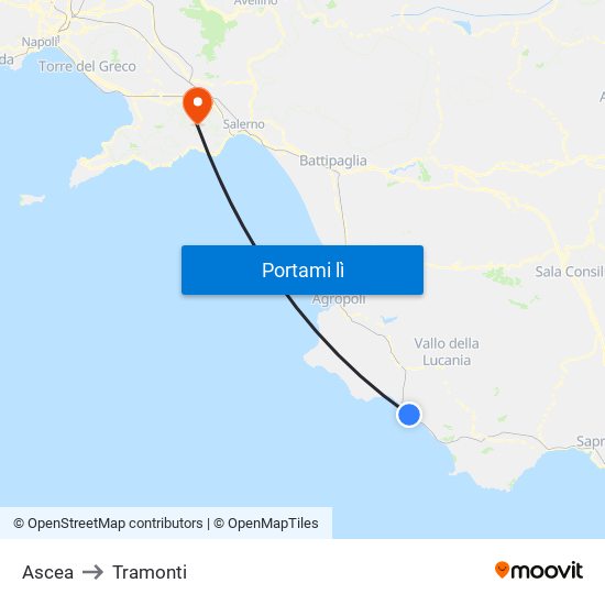 Ascea to Tramonti map