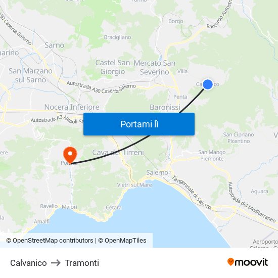 Calvanico to Tramonti map