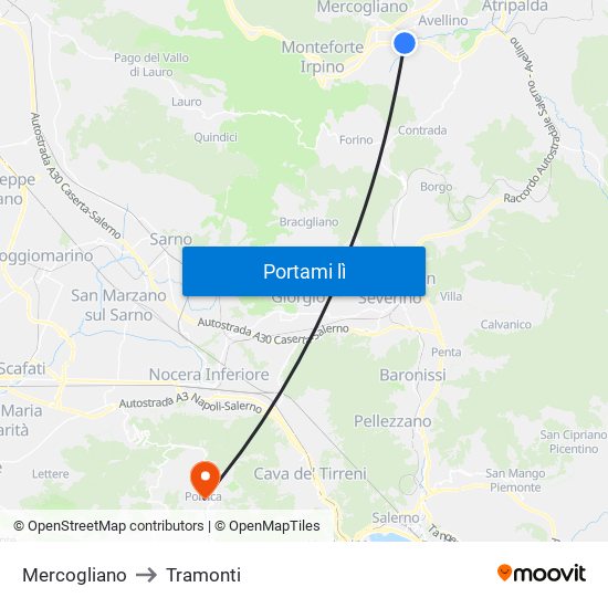 Mercogliano to Tramonti map