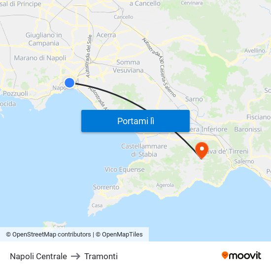Napoli Centrale to Tramonti map