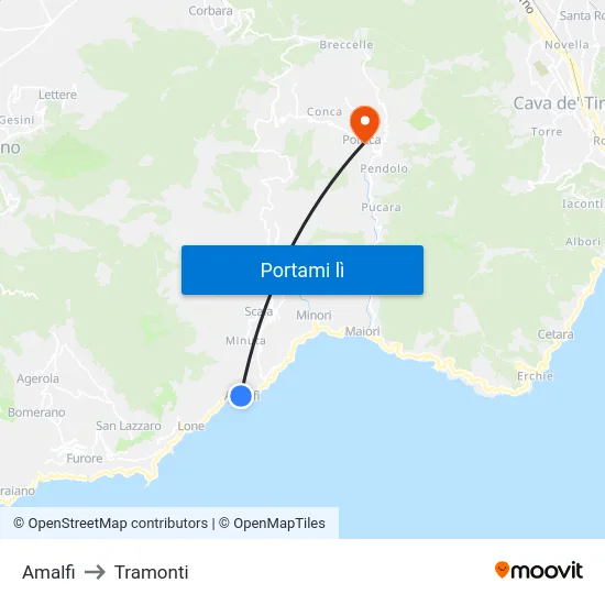 Amalfi to Tramonti map