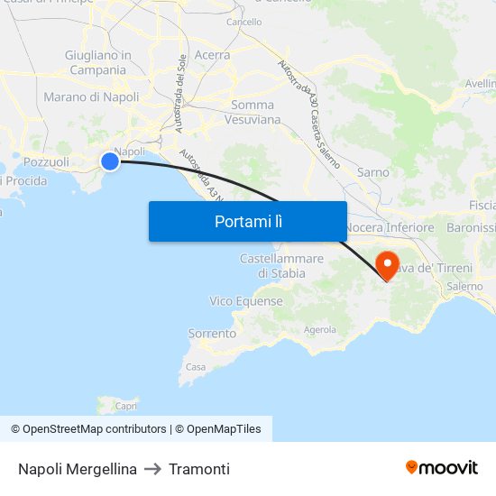 Napoli Mergellina to Tramonti map