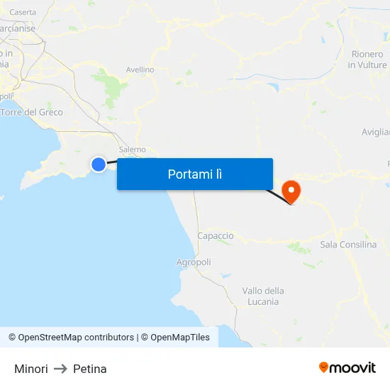 Minori to Petina map