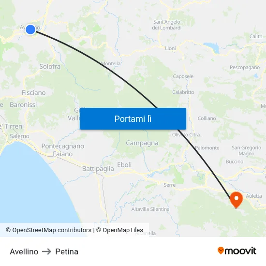 Avellino to Petina map