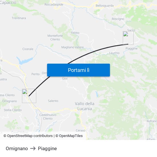 Omignano to Piaggine map