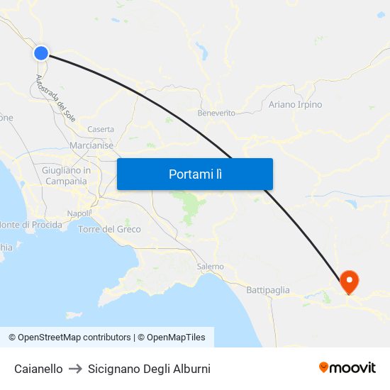 Caianello to Sicignano Degli Alburni map