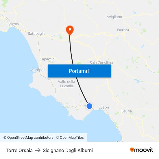 Torre Orsaia to Sicignano Degli Alburni map