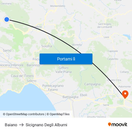 Baiano to Sicignano Degli Alburni map