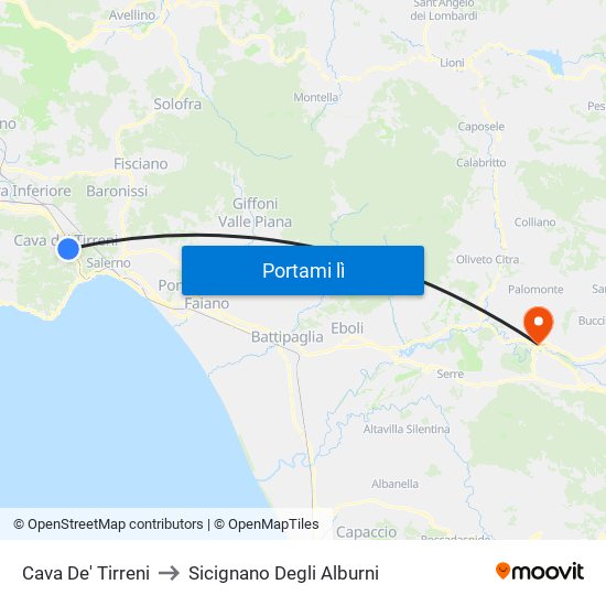 Cava De' Tirreni to Sicignano Degli Alburni map