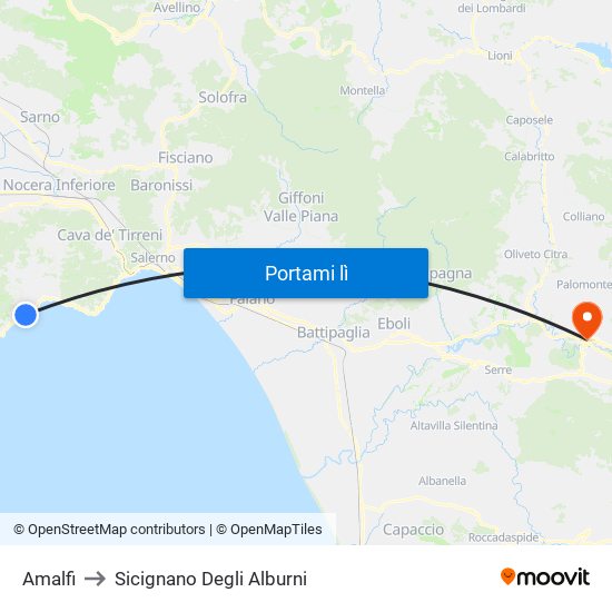Amalfi to Sicignano Degli Alburni map