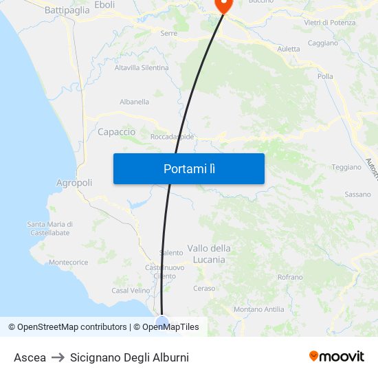 Ascea to Sicignano Degli Alburni map