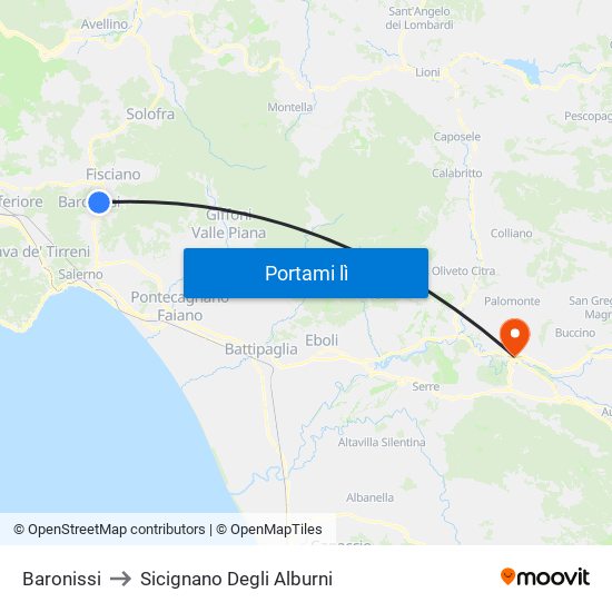 Baronissi to Sicignano Degli Alburni map