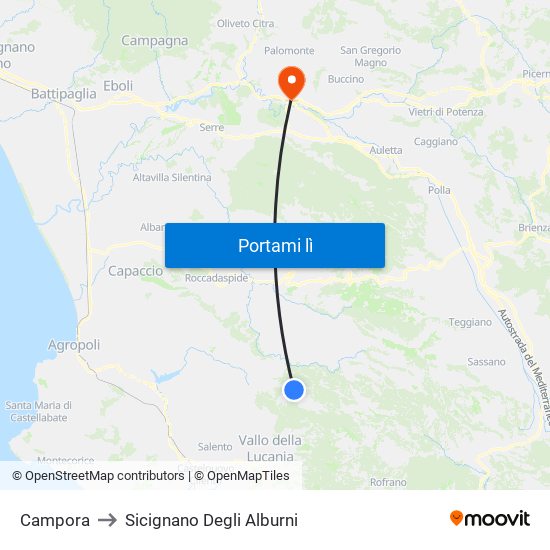 Campora to Sicignano Degli Alburni map