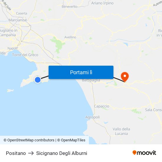 Positano to Sicignano Degli Alburni map