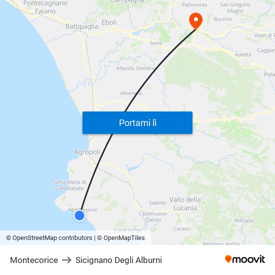 Montecorice to Sicignano Degli Alburni map