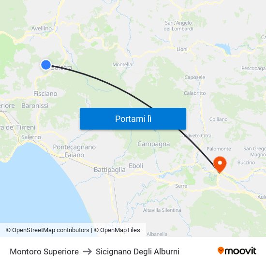 Montoro Superiore to Sicignano Degli Alburni map