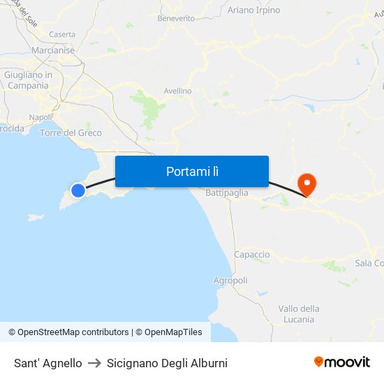Sant' Agnello to Sicignano Degli Alburni map
