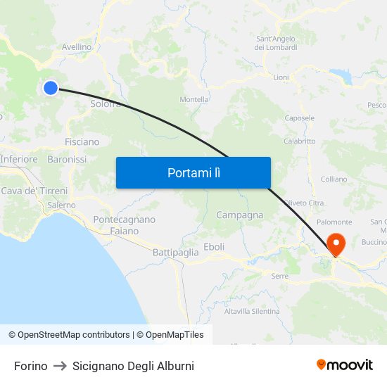 Forino to Sicignano Degli Alburni map