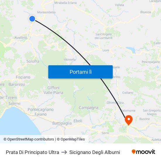 Prata Di Principato Ultra to Sicignano Degli Alburni map