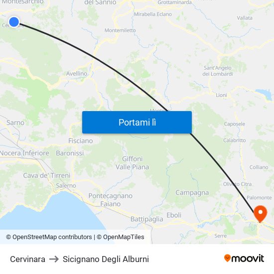 Cervinara to Sicignano Degli Alburni map