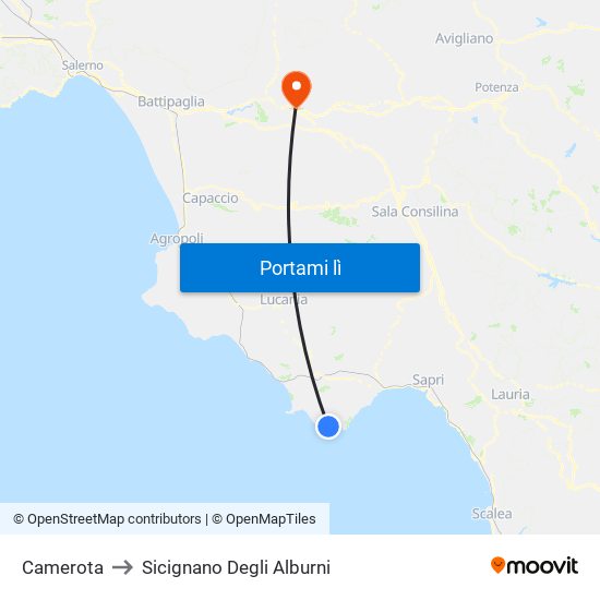 Camerota to Sicignano Degli Alburni map