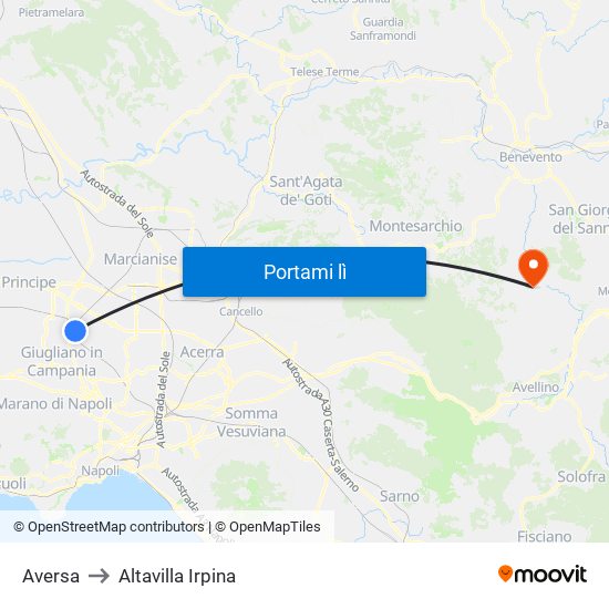Aversa to Altavilla Irpina map