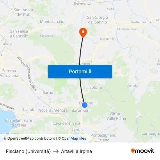 Fisciano (Università) to Altavilla Irpina map