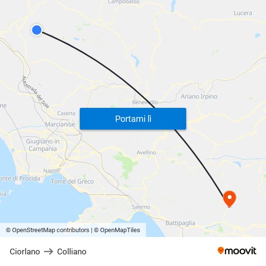 Ciorlano to Colliano map