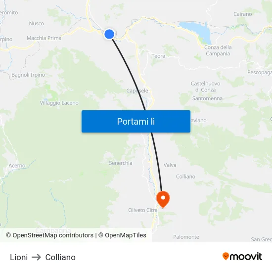 Lioni to Colliano map
