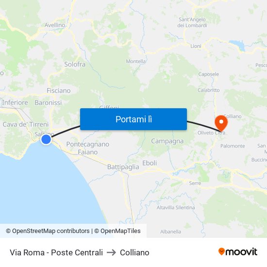 Via Roma - Poste Centrali to Colliano map