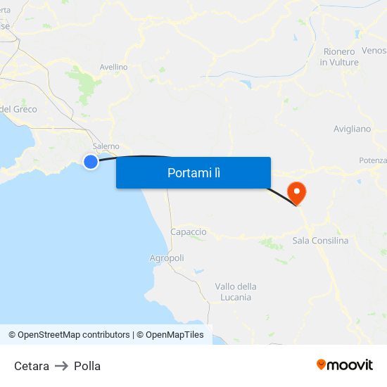 Cetara to Polla map