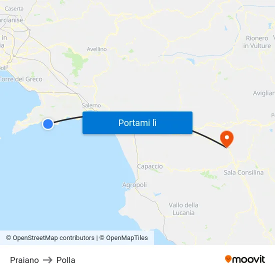 Praiano to Polla map