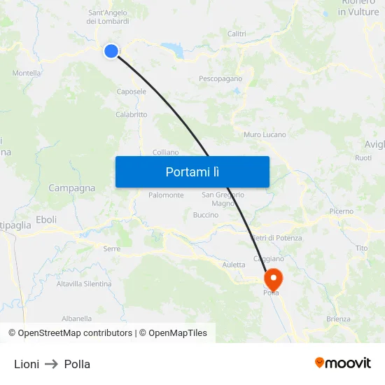 Lioni to Polla map