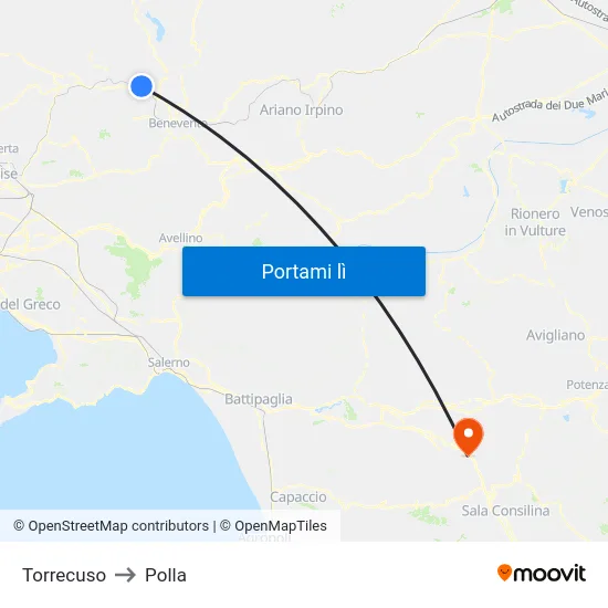 Torrecuso to Polla map