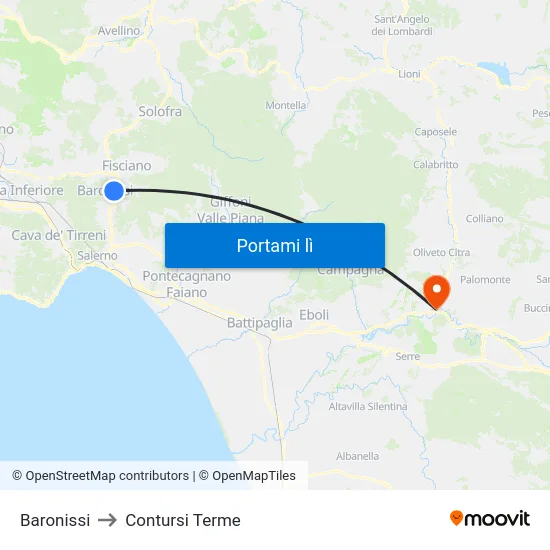 Baronissi to Contursi Terme map