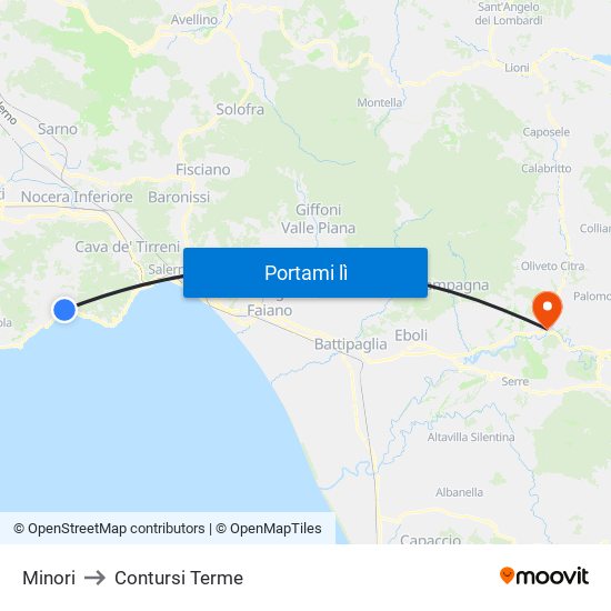 Minori to Contursi Terme map