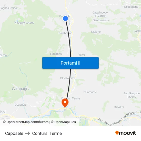 Caposele to Contursi Terme map