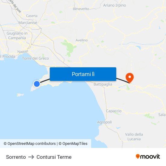 Sorrento to Contursi Terme map
