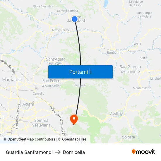 Guardia Sanframondi to Domicella map
