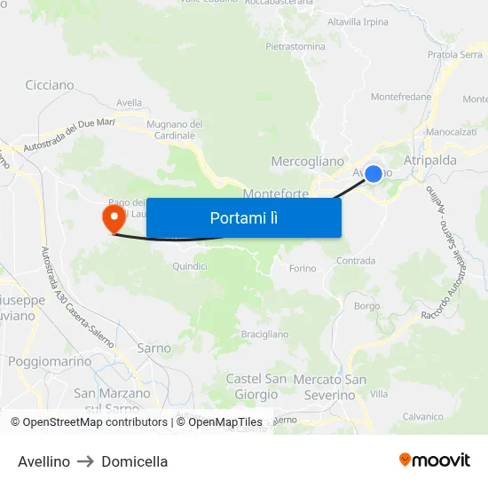 Avellino to Domicella map